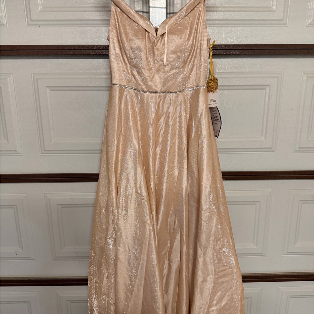 Macy's Shimmering Gold Blush Cream Gown with pockets and off shoulder